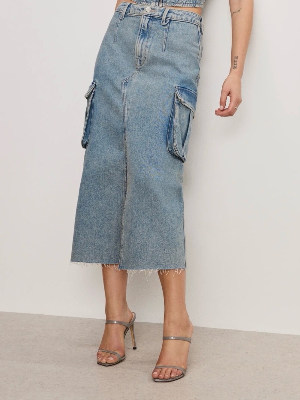 Good American Light Blue Denim Cargo Midi Skirt